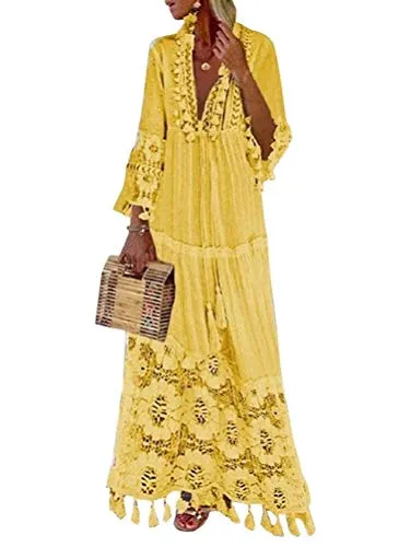 shownicer Langes Kleid Damen 3/4 Ärmel Floral Spitzenkleid Sommerkleider V-Ausschnitt Strandkleid Boho Vintage Party Maxikleid Gelb L