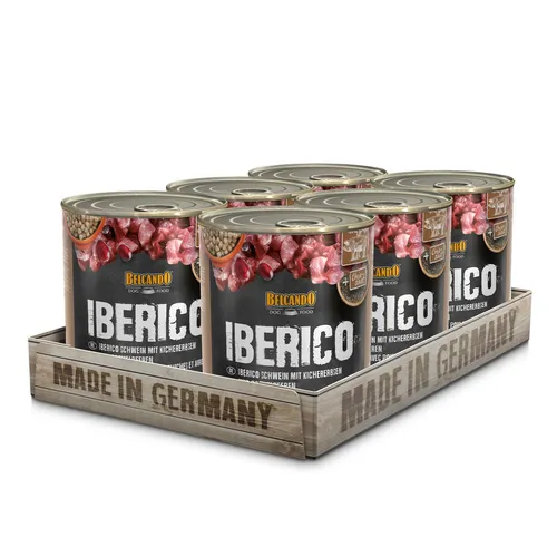 BELCANDO Super Premium Dose [6x800g Iberico mit Kichererbsen & Preiselbeeren] | Nassfutter für Hunde | Feuchtfutter Dose | Alleinfutter für Hunde Aller Rassen