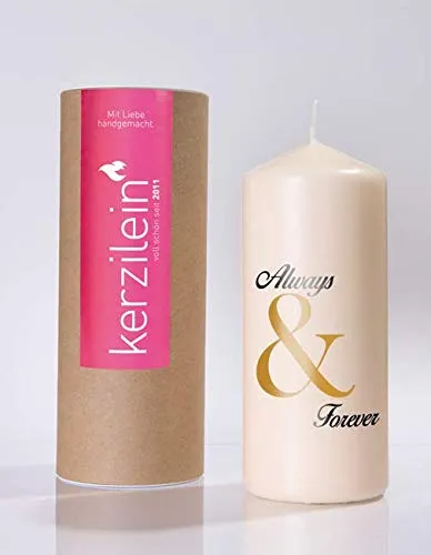 kerzilein Flamme Schrift schwarz, Gold, Always & Forever, Stumpenkerze groß 18,5 x 7,8 cm, mit Spruch, handveredelt in Deutschland