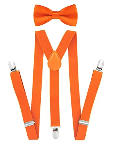axy Kinder Jungen Hosenträger-Y Form 2,5cm breit mit Fliege - 3 Stabile Clips für Kinder 7-12 Jahre alt (Orange)