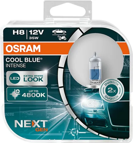 Osram Cool Blue Intense 12V H8 35W 64212CBI - Autobeleuchtungen mit beeindruckender Farbtemperatur von 4.000 Kelvin und einer Lebensdauer von ca. 500 Stunden für langfristige Lichtqualität.
