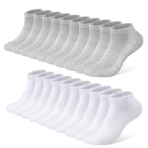 FALARY Socken Sneaker Herren 43-46 Sneaker Socken Herren Damen Sportsocken 10Paar Atmungsaktives Laufsocken Baumwollsocken Kurze Halbsocken 43-46 Weiß Grau