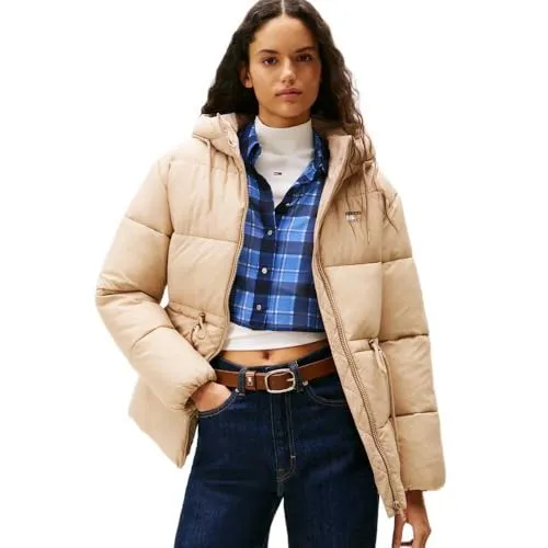 TOMMY JEANS Damen TJW Hooded Midi Pufferjacke DW0DW21626, Braun, Größe XL, Braun (Malzmilch), XL