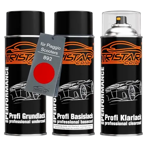 TRISTARcolor Motorradlack Spraydosen Set für Piaggio Scooters 892 Rosso Zip Perl Grundlack Basislack Klarlack Sprühdose 400ml