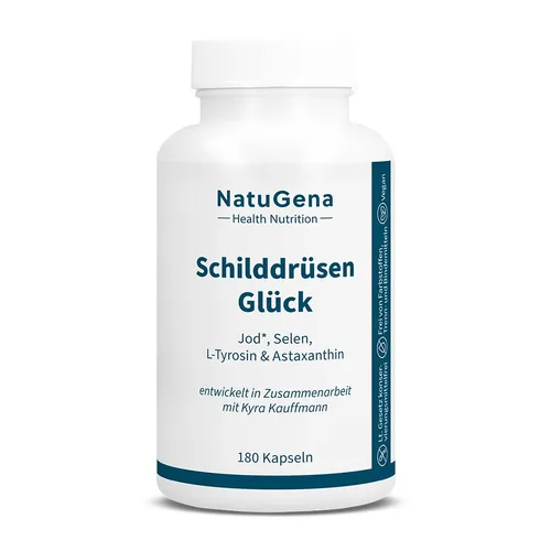 NatuGena SchilddrüsenGlück | 180 Kapseln - Nahrungsergänzungsmittel für die Schilddrüse mit Jod, Selen und Astaxanthin. Unterstützt die normale Schilddrüsenfunktion und fördert das Wohlbefinden.