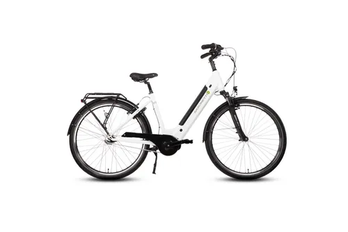 SAXONETTE Optimum Plus E-Bike mit Mittelmotor und 418 Wh Akku - Weiß - Das SAXONETTE Optimum Plus E-Bike überzeugt mit einem leistungsstarken 250W Mittelmotor und 418 Wh Akku für bis zu 100 km Reichweite. Ideal für Stadtfahrten und Ausflüge, bietet es eine qualitative Federgabel für sicheren Fahrkomfort.