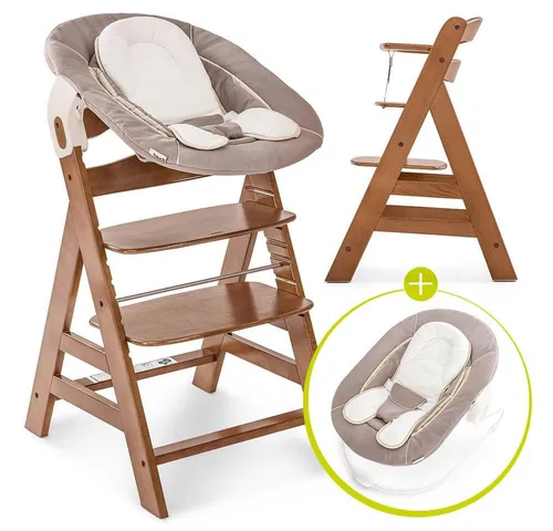 Hauck Hochstuhl Alpha Plus Walnut - Newborn Set (Set, 4 St), Holz Babystuhl ab Geburt mit Aufsatz für Neugeborene höhenverstellbar