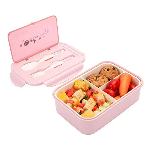 Merysen 1400 ml Brotdose aus Kunststoff für Kinder Und Erwachsene, Bento Box Lunchbox mit 3 Fächern und Besteck, Vesperdose Mikrowelle Heizung (Hellrosa)