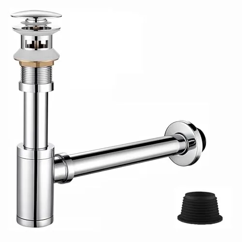 Waschbecken Sifon Siphon Ablaufgarnitur Pop Up Ablaufventil Abfluss Überlauf Siphon Universal für Waschbecken & Waschtisch - Abflussgarnitur passgenau (Ablaufgarnitur mit Silbrig Überlauf)