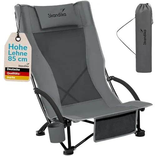 Skandika Strand Klappstuhl Beach - Bequemer Faltstuhl mit Getränkehalter - Klappstuhl für Strand und Garten, atmungsaktives Mesh, leicht transportierbar und max. 136 kg belastbar, ideal für entspannte Sommertage.