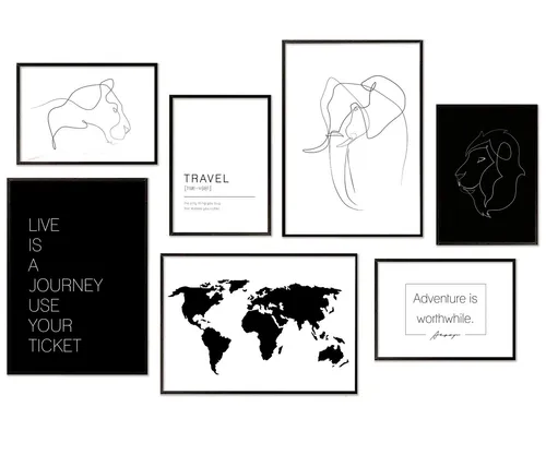 Hyggelig Home Poster Afrika, Premium Poster Set OHNE & MIT Rahmen - Wandbilder schwarz weiß, Tier (Set, 7 St), Collage Line Art, Qualitätsdruck auf dickem Papier
