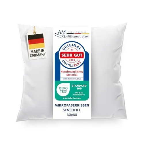 DormiGood Premium Mikrofaser Kissen 80x80 - Made in Germany - Allergiker Kopfkissen 80x80 mit hochwertiger Sensofill Füllung - Oeko TEX zertifiziertes Pillow 80x80 mit Kissenbezug aus 100% Baumwolle