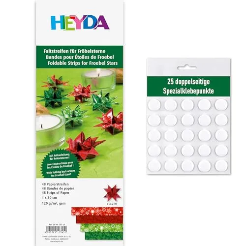 Heyda Faltstreifen für Fröbelsterne – 48 Streifen, 1 x 30 cm, 120 g/m² – beidseitig bedruckt – Bastelpapier Set für 12 Sterne – mit Anleitung – inklusive 25 Klebepunkten (rot-grün 1x30cm)