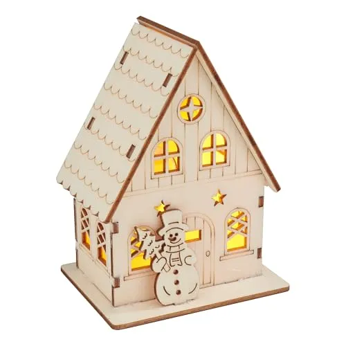 VBS Holzbausatz Haus mit Schneemann inkl. LED 9 Teile Hölzernes Weihnachtsdorf winterliches Haus Holzhaus Weihnachtlich DIY-Set Weihnachtsdeko