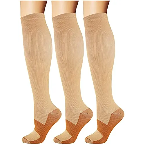 feifanshop Kupfer Kompressionsstrümpfe Stützstrümpfe Reisestrümpfe Kniestrümpfe für Männer Frauen 3 Paar für Laufen Sport Medizin Beige EU 35-39