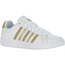 K-Swiss Damen Court Sneaker - Weiß/Cornstalk/Metallic, 39 EU - Damen-Sneaker mit hochwertigem Leder-Obermaterial, ideal für Komfort und Stil im Alltag.