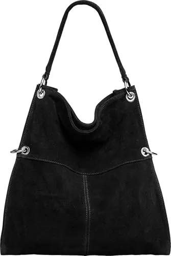 Caspar Große Vintage Leder Schultertasche Damen in schwarz von Caspar