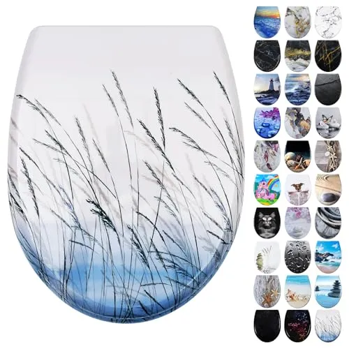 Fanmitrk Toilettendeckel, WC Sitz mit Absenkautomatik, Klodeckel Duroplast, Klobrille Montage von oben, Demontage mit einem Klick, Muster auf 3 Seiten des Toilettensitzes aufgedruckt (UF0109)