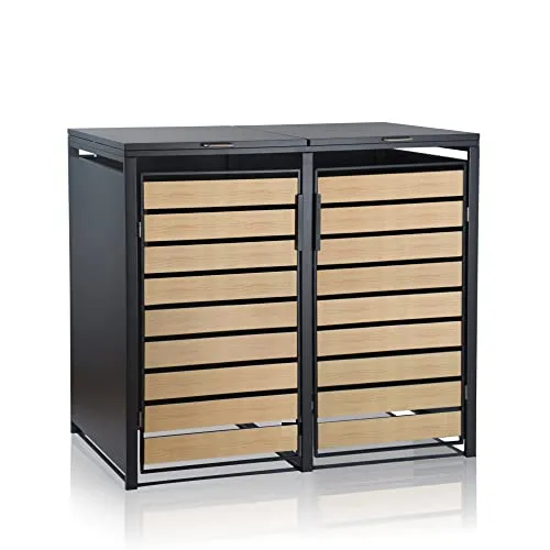 Zelsius Mülltonnenbox 2er Mülltonnen - Anthrazit RAL7016 - Mülltonnenbox für 2 x 120-240 Liter Tonnen, aus robustem verzinktem Stahl, mit Holzoptik-Türen und erweiterbar für zusätzlichen Stauraum.