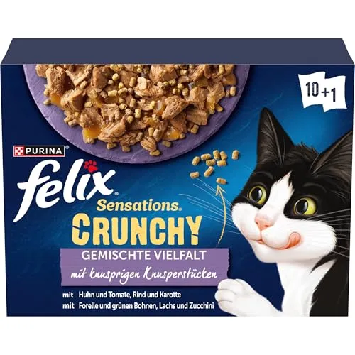 FELIX Sensations Crunchy Katzenfutter nass in Gelee, Sorten-Mix, 6er Pack (6 x 10 Beutel à 85g)