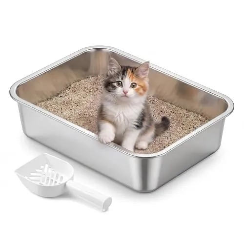 Feandrea Katzenklo Edelstahl, offen, mit Schaufel, M, 40 x 30 x 10 cm | Katzentoilette, antihaftbeschichtet, geruchsfrei, leicht zu reinigen, BOXAL Kollektion PPT013E101