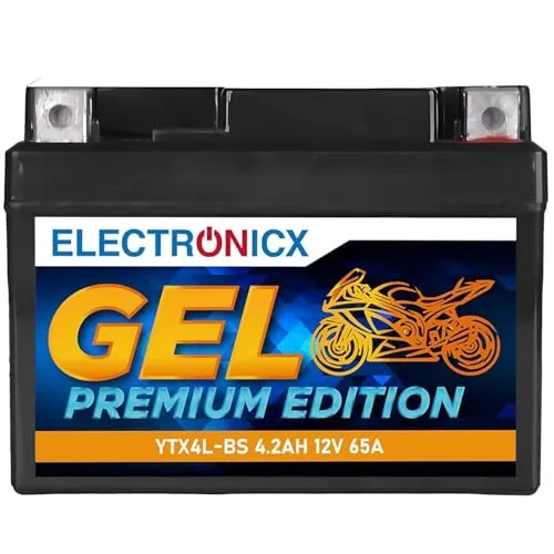 Electronicx GEL YTX4L-BS Motorradbatterie 12V 4,2Ah 65A – kompakte Gel-Starterbatterie, wartungsfrei, versiegelt, auslaufsicher, vibrationsfest – Hochleistungsbatterie für Roller, Motorrad, Powersport