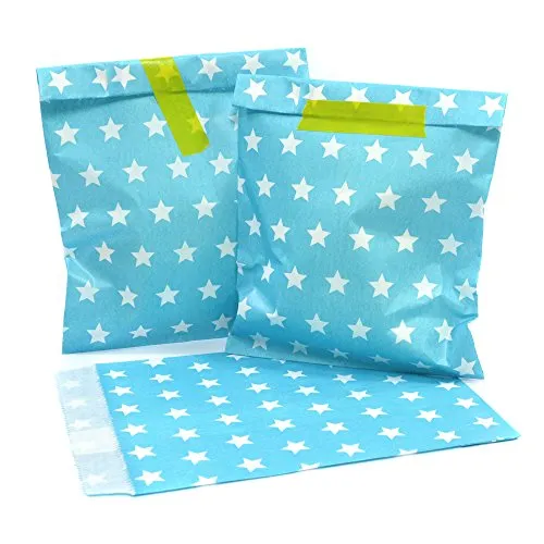 Frau WUNDERVoll® 100 PAPIERTÜTEN BEACHBLAU, STERNE 13 x 16,5 cm, 45 Gramm Papier, flach / Candy Bar, Hochzeit, Kindergeburtstag, Papiertütchen, Candybag, Tüten, Mitgebseltüten