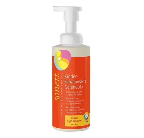 Sonett Handseife Kinder-Schaumseife Calendula 200 ml - Natürliche Seife für Kinder, sanft zur Haut mit beruhigendem Calendula-Extrakt, ideal für die tägliche Reinigung.
