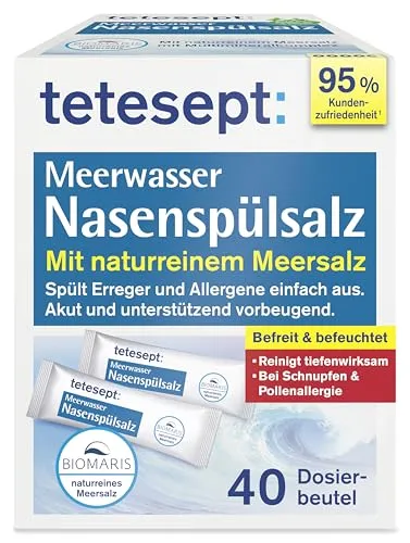 Tetesept Meerwasser Nasenspülsalz - Arzneimittel zur Linderung von Schnupfen und Pollenallergie, mit 100% naturreinem BIOMARIS Meersalz für eine tiefenwirksame Reinigung und Befeuchtung der Nasenschleimhaut.
