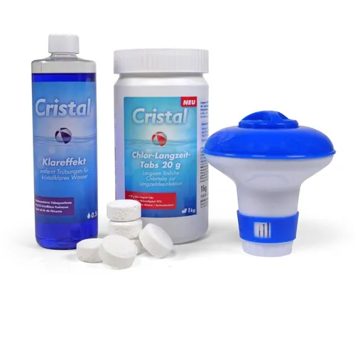 SET> 1,0 kg CRISTAL Chlor-Langzeit-MinitabMinilong, Dosierschwimmer + Klareffekt