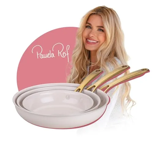 Fackelmann Pamela Reif Bratpfannen-Set Signature 3-teilig - Stylisches 3-teiliges Bratpfannen-Set (Ø 20/24/28 cm) aus recyceltem Aluminium mit keramischer Beschichtung und elegantem Goldgriff. Ideal für alle Herdarten, backofengeeignet und pflegeleicht.