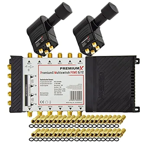 Premium X Multischalter Set 9/12 für 12 Teilnehmer - Multischalter für 2 Satellitenpositionen, ideal für bis zu 12 TV Receiver, inklusive 2 Rocket Quattro LNB für optimalen Multifeed-Einsatz.