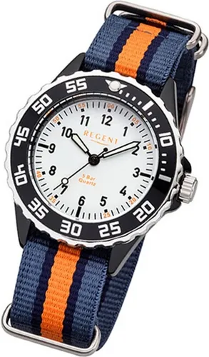 Regent Klassische Uhr 12400278 - Armbanduhren für Jungen mit blau-orangefarbenem Textilarmband, 5 bar wasserdicht und ideal für den täglichen Gebrauch.