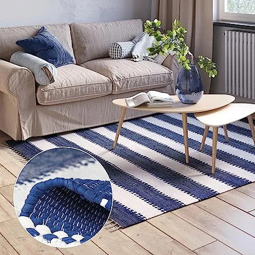 MY-RUG Fleckerlteppich 160 x 230 cm - Blau Weiß gestreift, handgewebt, recycelte Baumwolle als Flickenteppich und Wendeteppich, moderner Chindi Kelim Teppich Aarav