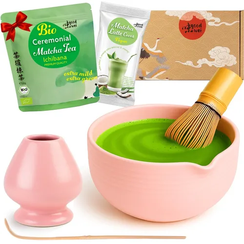 Goodwei BIO Matcha Set mit Schale, Besen & Besenhalter - Teezeremonie Geschenkset (Camellia Pink) - Matchaschalen-Set für die traditionelle japanische Teezeremonie, inklusive hochwertiger Schale, Besen und Besenhalter. Ideal für Teeliebhaber, die echten Matcha-Geschmack erleben möchten.