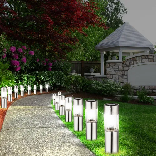 LED Edelstahl Solar Leuchten 16er Set - Hochwertige Solarleuchten aus Edelstahl für den Außenbereich, spritzwassergeschützt (IP44) und ideal zur Gestaltung von Gartenwegen oder Lichtakzenten.