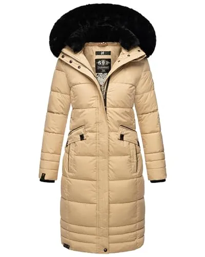 Navahoo Damen Wintermantel Fahmiyaa Beige Gr. M - Funktionsjacke mit abnehmbarer Kapuze und warmem Kunstfell, ideal für kalte Herbst- und Wintertage – wasser- und windabweisend, inklusive praktischer Einkaufstasche.