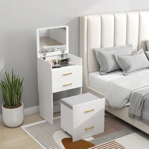 3-in-1-Schminktisch mit Spiegel und Rollhocker in Weiß - Vielseitiger 3-in-1-Schminktisch: Kombiniert Schminktisch, Nachttisch und Hocker in einem kompakten Design. Mit aufklappbarem Spiegel und viel Stauraum für Ihre Beauty-Produkte. Ideal für kleine Räume!