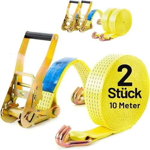 2X Spanngurte mit Ratsche und Haken 10 m bis 5000kg, bis 5t, 5000daN, TÜV/GS geprüft zweiteilig 2-TLG Ratschengurt gelb, 50mm Gurtband Zurrgurt