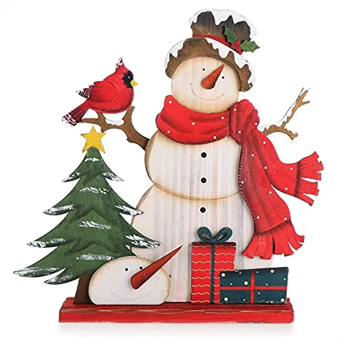 com-four® Dekorativer Aufsteller für Weihnachten - Schneemann aus Holz zum Hinstellen - Weihnachtsdekoration zum Verzieren und Verschenken (Schneemann mit Vogel)