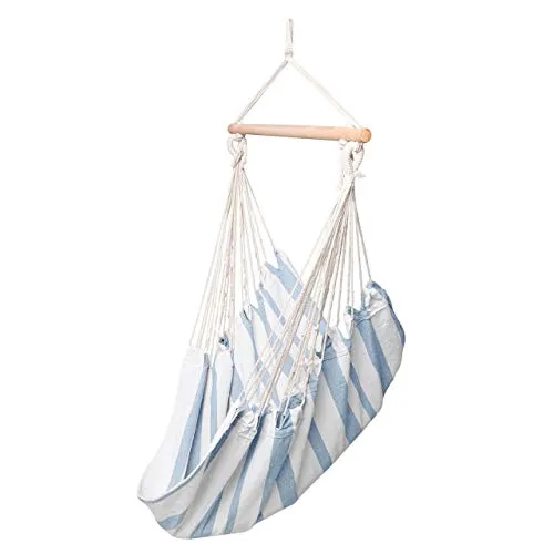 LINDER LEX Hängesessel mit Holzgestell ca 100 x 90 cm, Farbe:Blau-Weiß gestreift