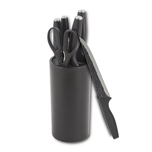 HOOZ Messerset 7teilig mit Messerblock - Küchenmesser Set in Schwarz - Messerblocksets mit 5 scharfen Messern und Schere, ideal für die erste Wohnung und sorgt für eine platzsparende Organisation in der Küche.