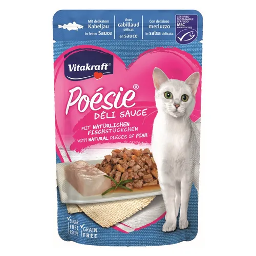 Vitakraft Katzenfutter Poesie DeliSauce Kabeljau - 23 Beutel - Katzenfutter mit delikatem Kabeljau in feiner Sauce, reich an hochwertigen Zutaten für puren Genuss. Ideal für anspruchsvolle Katzen, die beste Qualität lieben.