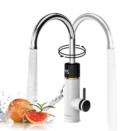 ESOP Wasserhahn Mit Durchlauferhitzer, 3200W, Edelstahl Elektrische Heizung Wasserhahn, 360° Swivel Tap, LCD Temperaturanzeige, Armatur Mit Integriertem Durchlauferhitzer, Wasserhahn KüChe Weiß