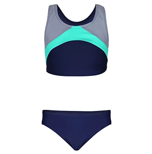 Aquarti Mädchen Sport Bikini Racerback Bustier & Bikinislip, Farbe: Dunkelblau/Grau/Grün, Größe: 158