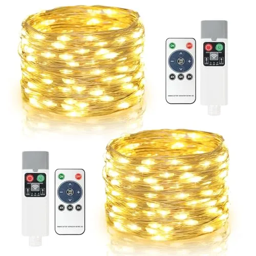 Bowfar Lichterkette Batterie 2 Stück, 10M 100 LED USB Aufladbare Batterie Lichterkette Innen, 8 Modi Lichterkette Draht mit Fernbedienung und Timer für Party Hochzeit Weihnachten Deko, Warmweiß