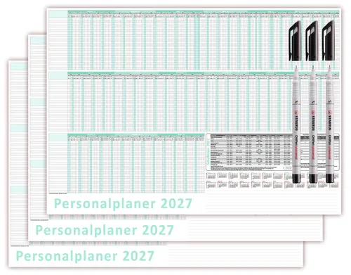 3x Urlaubsplaner DIN B1 2027 nass abwischbar + Stifte Personalplaner 100x70