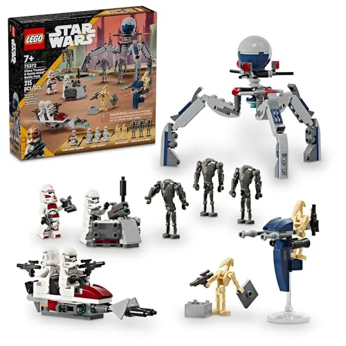 LEGO Star Wars Clone Trooper & Battle Droid Battle Pack Set für Kinder, baubares Spielzeug Speeder Bike Fahrzeug, Tri-Droid und Defensive Post, Sammlerstück, Geschenk für Jungen und Mädchen ab 7