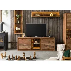 Massivmoebel24 TV-Board Akazie BARK #111 - Lowboard aus massiver Akazie mit einzigartiger Baumrinde als Rückwand und integrierter LED-Beleuchtung – für ein naturnahes Wohnambiente.