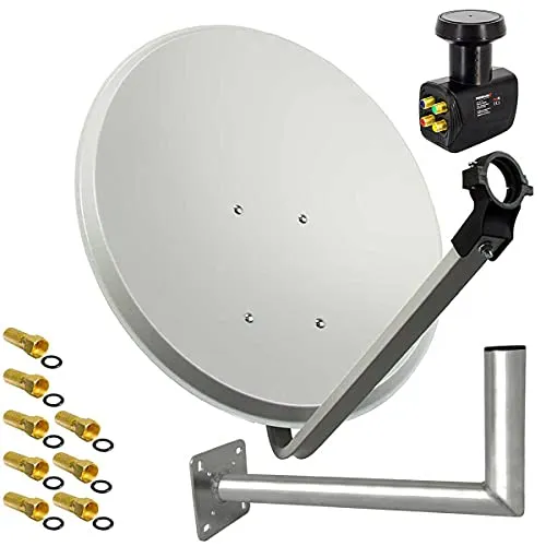 PremiumX Satelliten-Komplettanlage 60cm - Hellgrau mit Quad LNB - SAT-Antenne mit 60 cm Durchmesser, pulverbeschichtet und korrosionsgeschützt. Ideal für 4-Teilnehmer-Satellitenanlagen, unterstützt 4K Ultra HD und Full-HD.